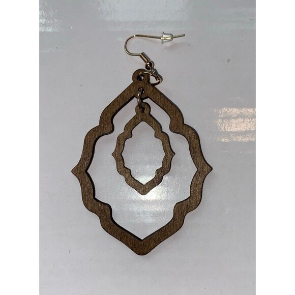 Earrings Wooden Lazer Cut are Double Drop with Open Frame Lightweight Casual - Picture 1 of 5